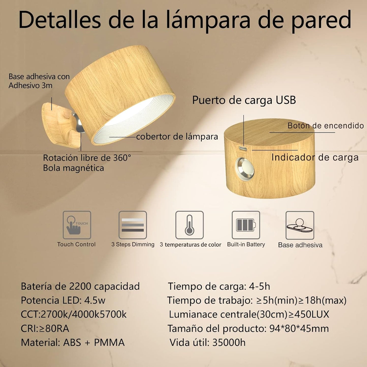 Lámpara LED de Pared Portátil con Batería Recargable