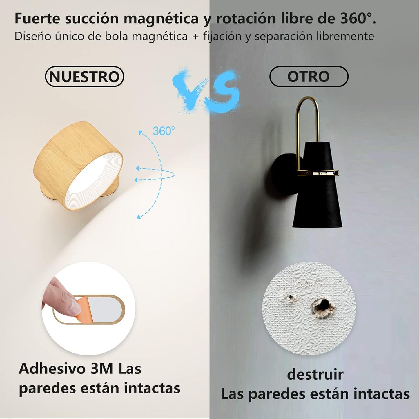 Lámpara LED de Pared Portátil con Batería Recargable